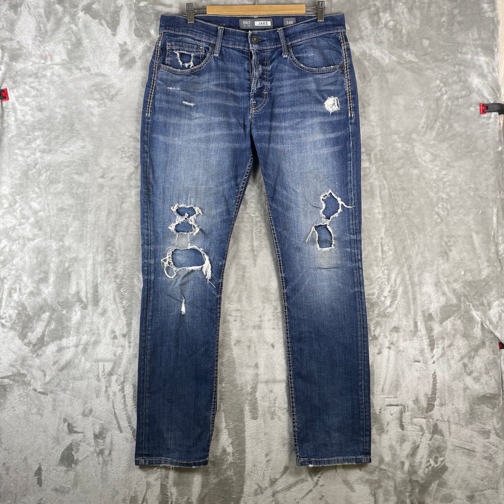 BKE Jake Straight Leg Jeans Mens 34R Blue Distressed Button Fly